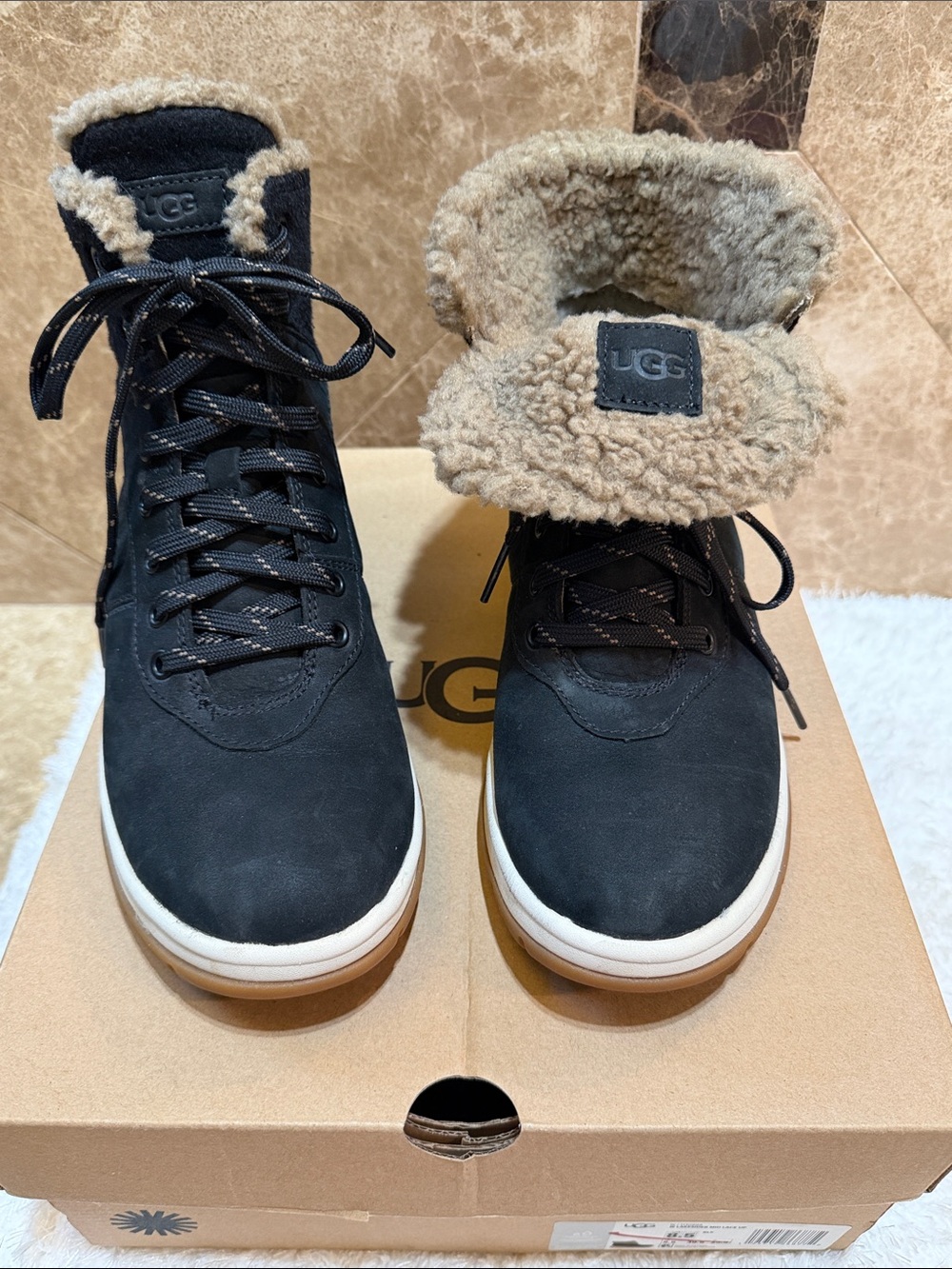 UGG-LAKESIDER-Black Suede-Mid Lace Up Sneaker Booties-Waterproof Features-Sz 8.5